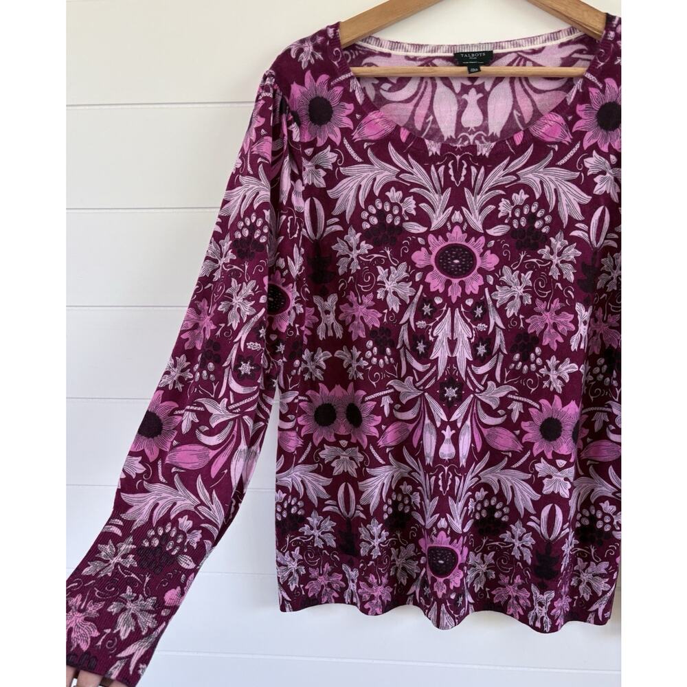 Talbots Womens XL Petite Lightweight Merino Wool Floral Sweater Pink Burgundy - Picture 4 of 11